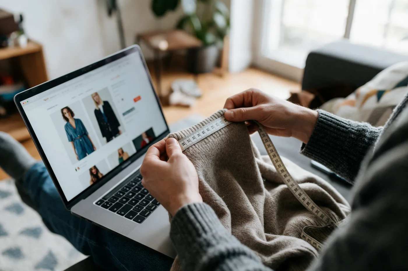 Choisir sa taille en ligne : mesurer un pull avec un mètre ruban