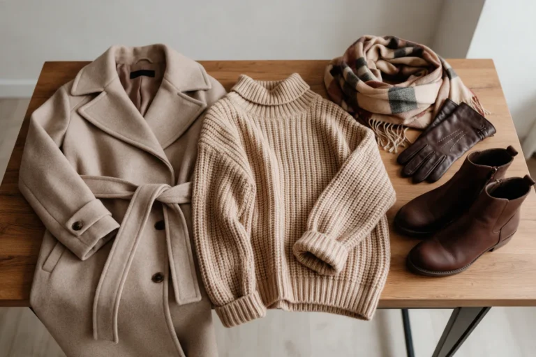 Garde-robe d'hiver : manteau, pull, écharpe, gants et bottines