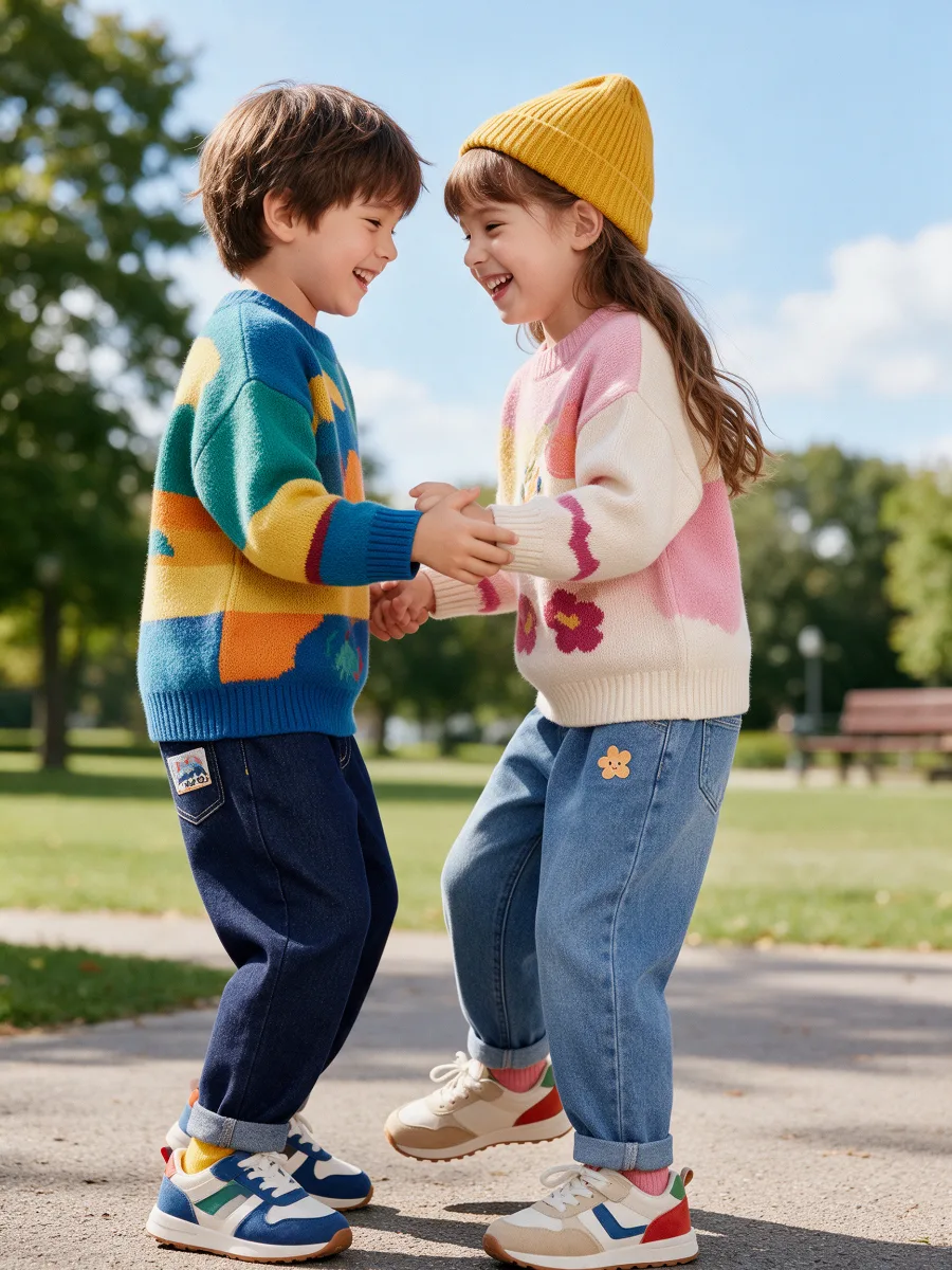 Vêtements enfant pas cher : enfants en pulls colorés dans un parc