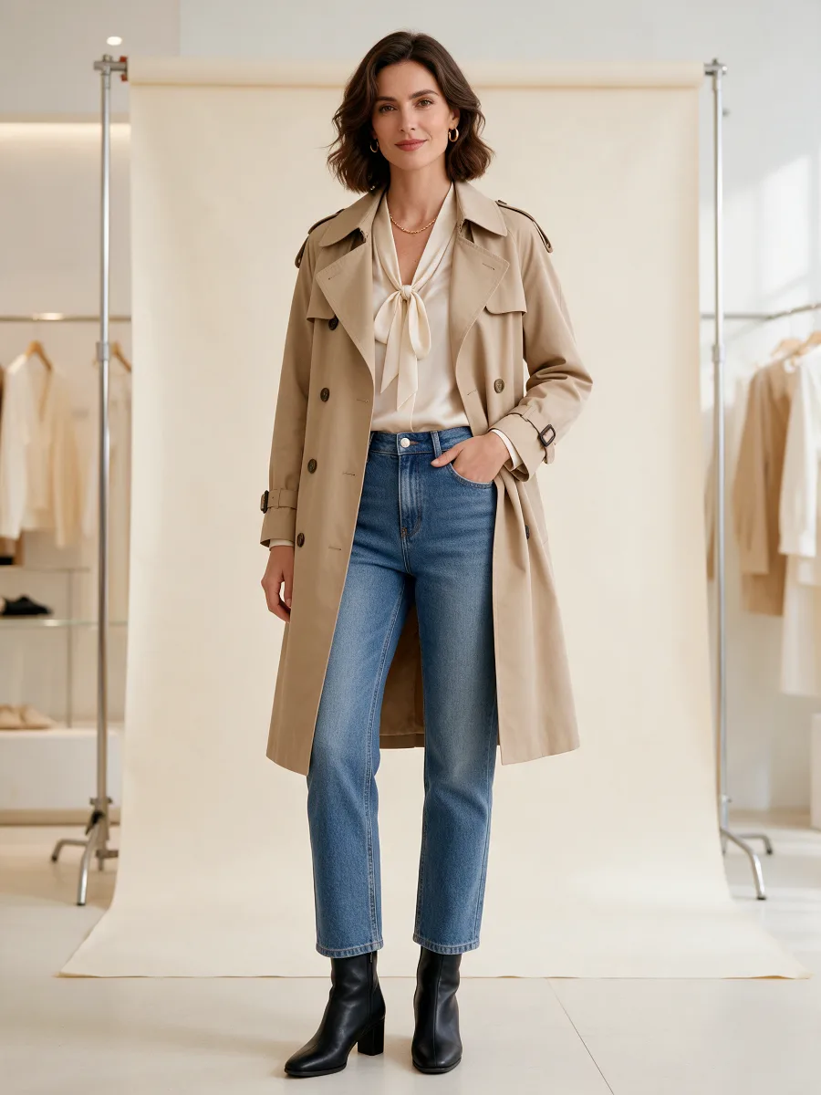 Vêtements femme pas cher : tenue chic avec trench et jean
