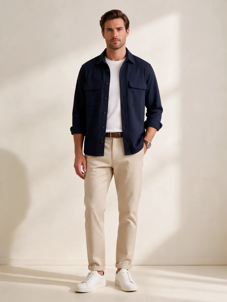Vêtements homme pas cher : surchemise, chino et baskets blanches